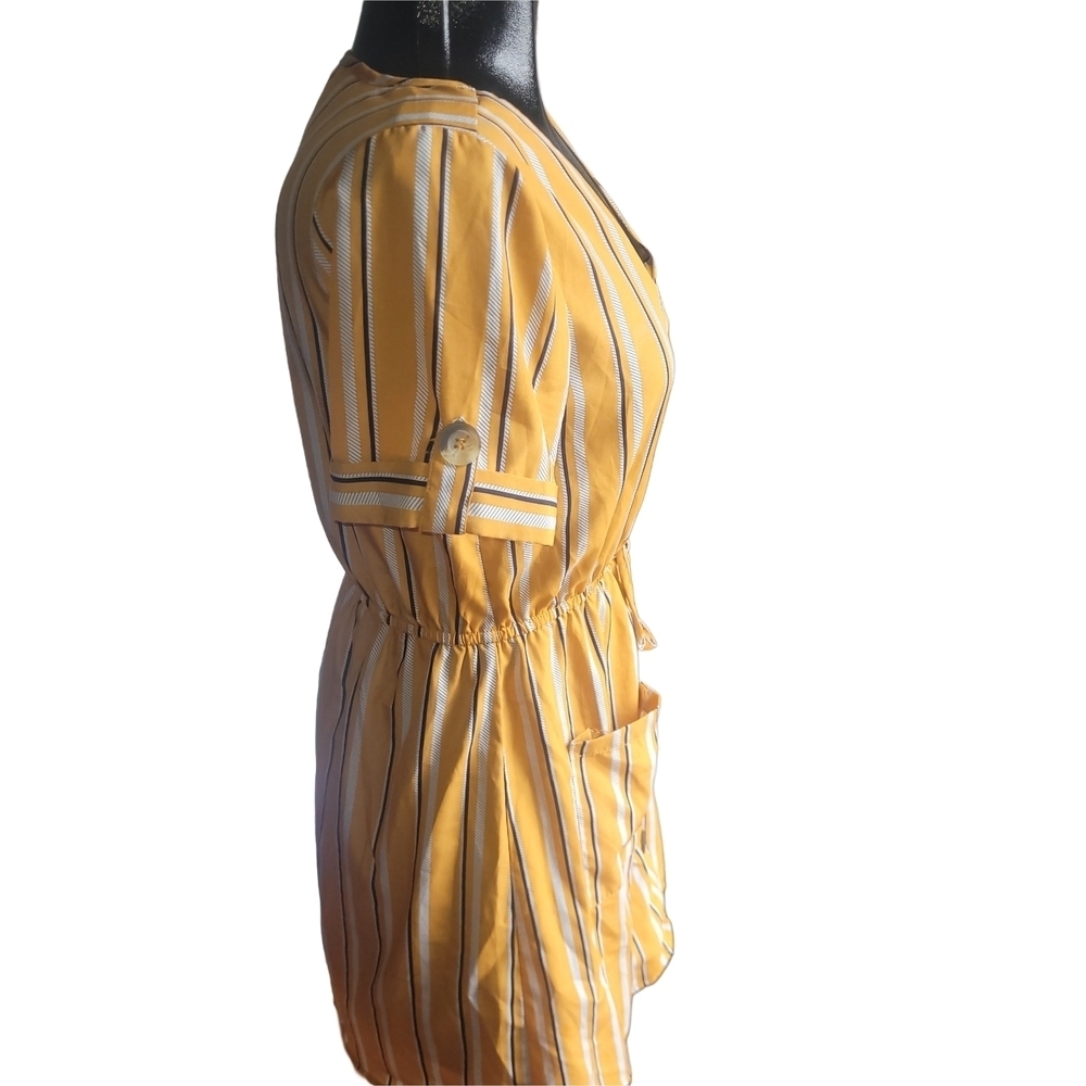 Indulge Yellow Striped Faux Button Short Sleeve Shirt Dress Size M - Picture 4 of 7